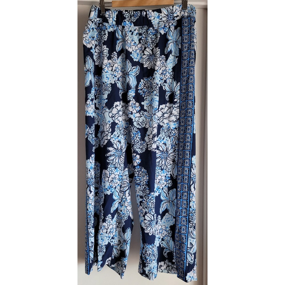 Lilly Pulitzer Pants XXL Blue White Floral Casual Resort Wide-Leg Trousers